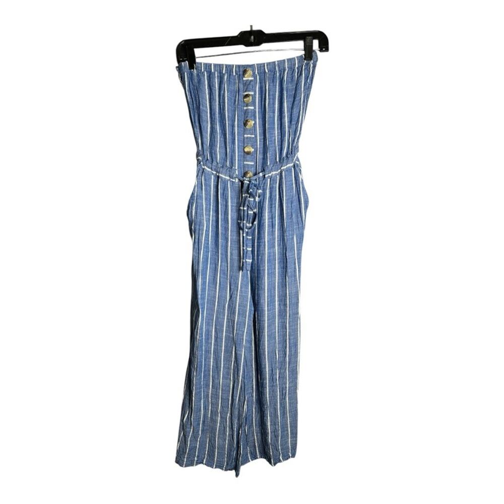 Blue Island Blue and White Striped Strapless Jumpsuit Button Front Detail Small